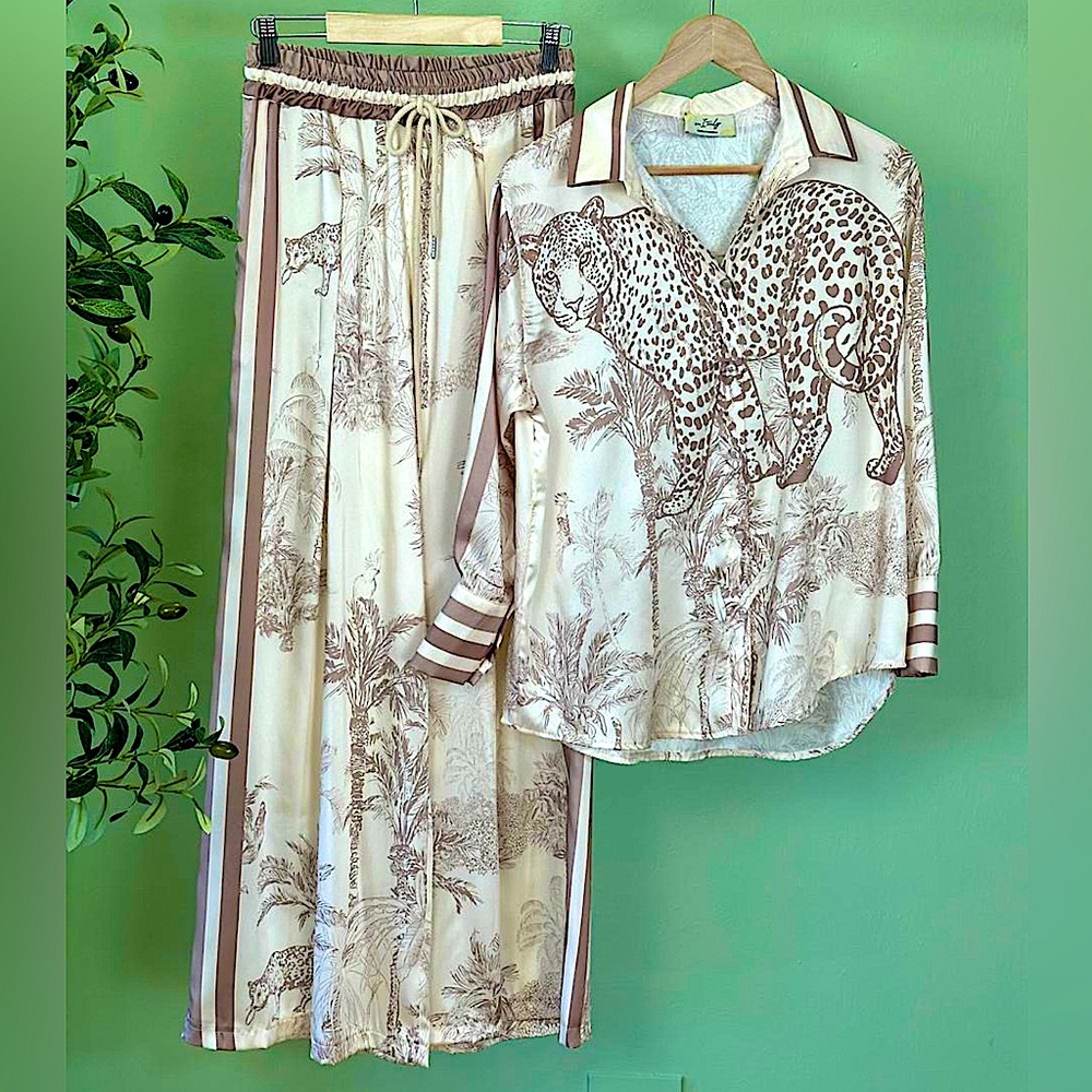 White and Beige Animal Print Shirt and Pants Italian Set